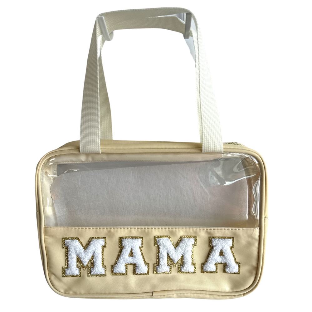 Preppy Clear MAMA Makeup Bag Large Travel Cosmetic Tote Chenille Patch NEW